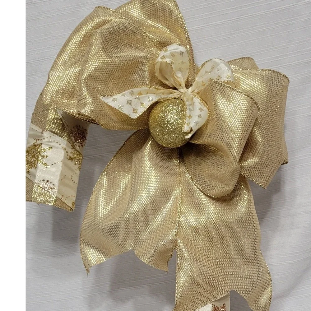 Gold Snowflake Candy Cane Christmas Door Hanger Metallic Mesh Bow Decor 22in